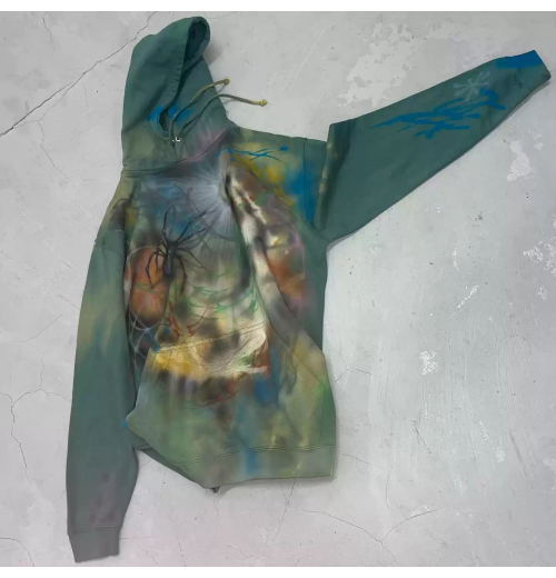 High Street vintage dark green graffiti painted flaccid street art trend niche personality hoodie