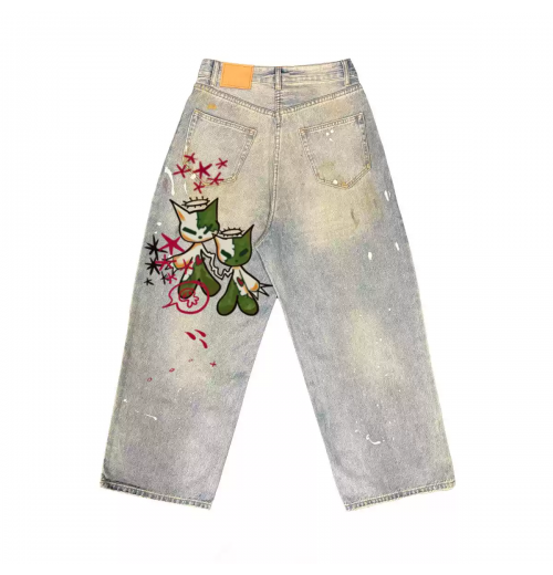 Street vintage vintage fashion brand early autumn heavy industry straight tube painting art to do old personality genderless graffiti jeans