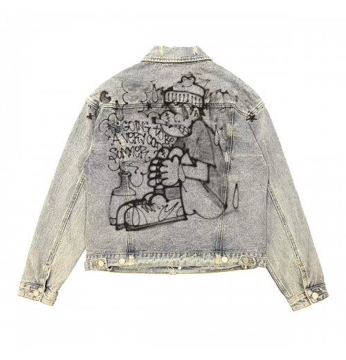 Unisex dirty wash street art do old heavy industry locomotive early autumn vintage neutral style jet painted denim coat