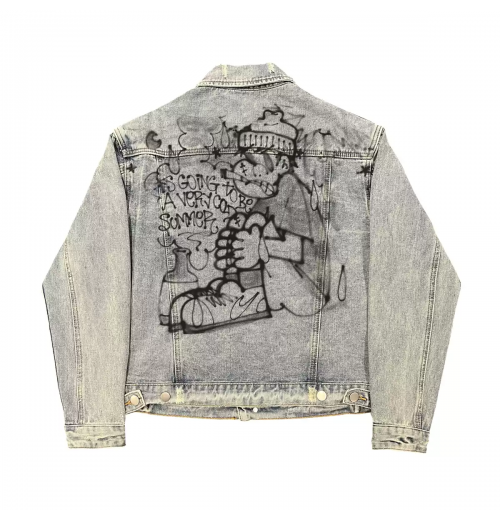 Unisex dirty wash street art do old heavy industry locomotive early autumn vintage neutral style jet painted denim coat